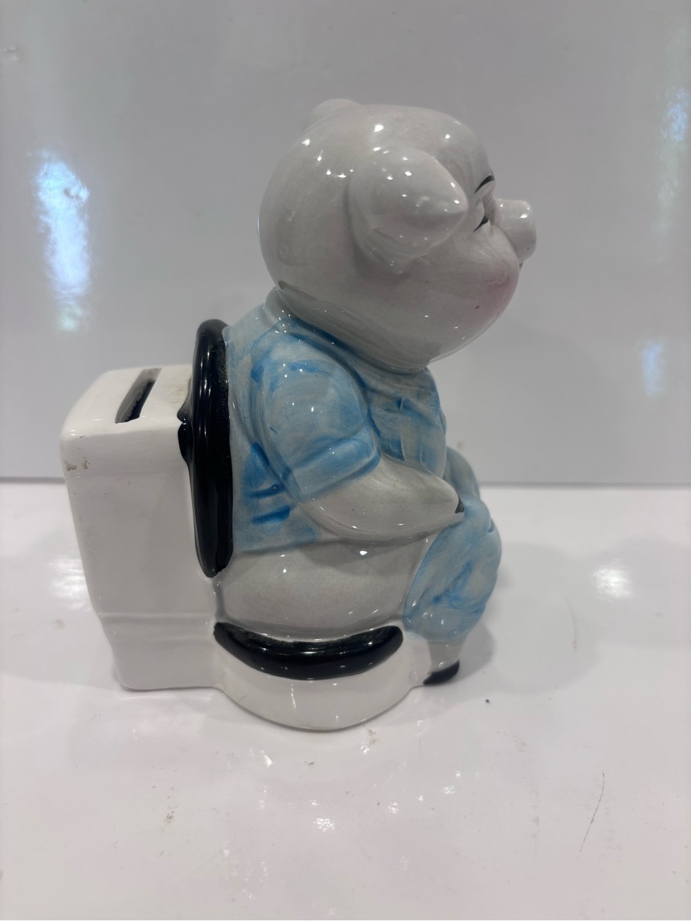Vintage Ceramic Pig Figurine Piggy Bank On Toilet 5” Original Stopper - Picture 4 of 7